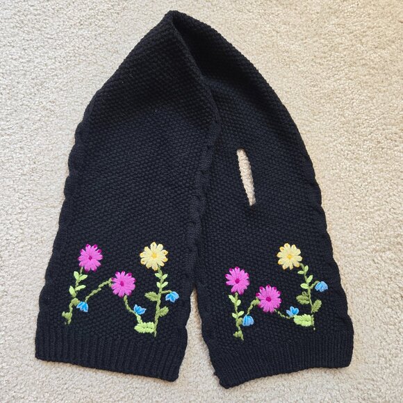 Accessories - Embroidered Wool Pull Through Scarf Boho Flowers